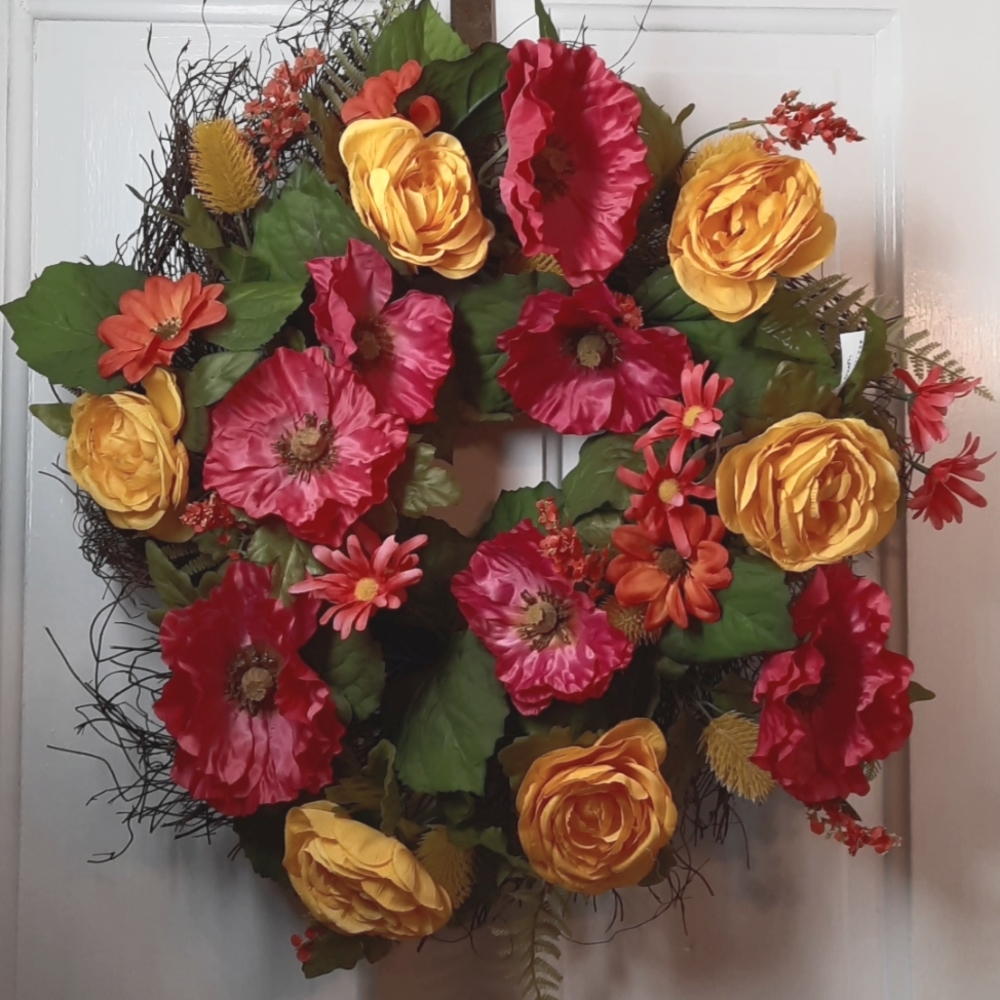 Wreath Pink Poppy Yellow Ranunculus Silk Artificial Flower Indoor Outdoor Decor